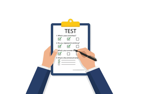Hands with pen filling out test form on clipboard