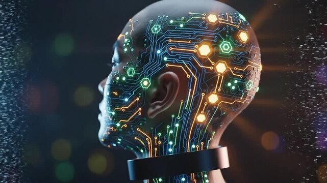 Futuristic portrayal of a human head infused with vibrant circuit board patterns and glowing components, set against a dark backdrop