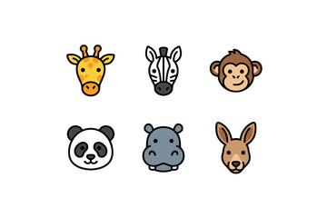Naklejka premium Animal Face Icons Set Featuring Giraffe Zebra and Monkey