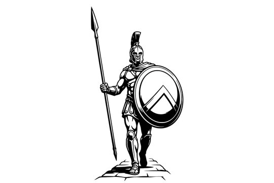 Spartan Warrior with Spear and Shield Illustration on White