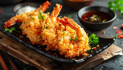 Fototapeta premium Crispy golden fried tempura shrimp served on a black ceramic plate with dipping sauce and fresh herbs for an appetizing asian dining experience.