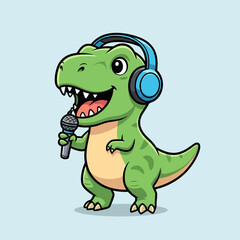 Fototapeta premium Cute Cartoon Dinosaur Singing with Headphones and Microphone.
