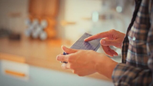 Bathed in sunlight, a girl stands in her kitchen, scrutinizing a product label to check its ingredients, emphasizing nutrition, health and mindful food choices as part of a wholesome lifestyle