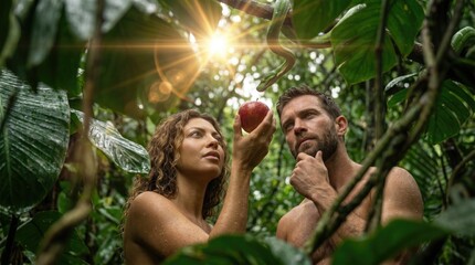 Obraz premium Adam and Eve tempted by a snake with an apple in a lush jungle