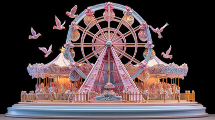 Fototapeta premium A whimsical pastel carousel and ferris wheel
