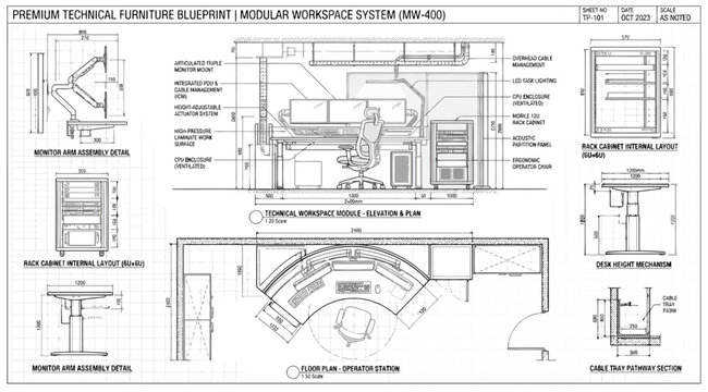 Technical furniture blueprint for a modular workspace system