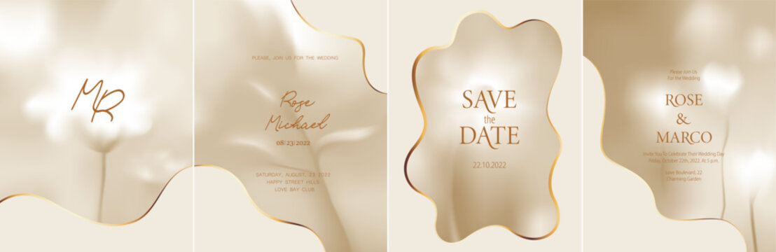 Monochromatic backgrounds, covers design. Natural blurred backdrop with plants, flowers. Chic, elegant wedding card, brand concept.