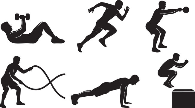 Fitness icons, workout silhouettes, exercise vector set, black fitness graphics