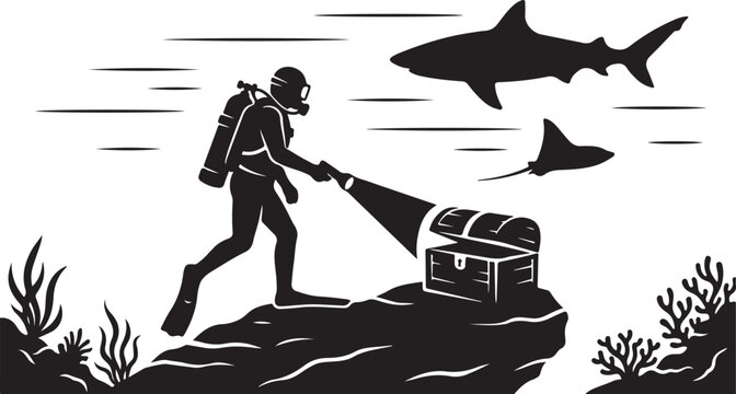 Underwater treasure hunt, scuba diver vector, ocean exploration, black silhouette illustration