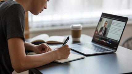 Fototapeta premium Young woman taking notes during online video meeting on laptop, remote learning and digital communication concept with virtual conference, productivity and modern home office lifestyle.