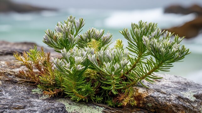 Gray-Green Wild Lycopodium On Weathered Rock Shore, Misty Coastal Botanical Widescreen Background