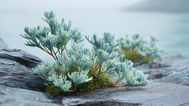 Gray-Green Wild Lycopodium On Weathered Rock Shore, Misty Coastal Botanical Widescreen Background