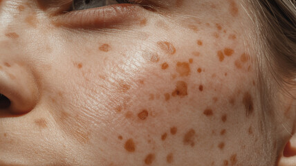 Fototapeta premium Close-up of female skin with freckles and pigmentation spots, natural beauty and dermatology concept, realistic facial texture for skincare, cosmetic treatment and skin health themes.