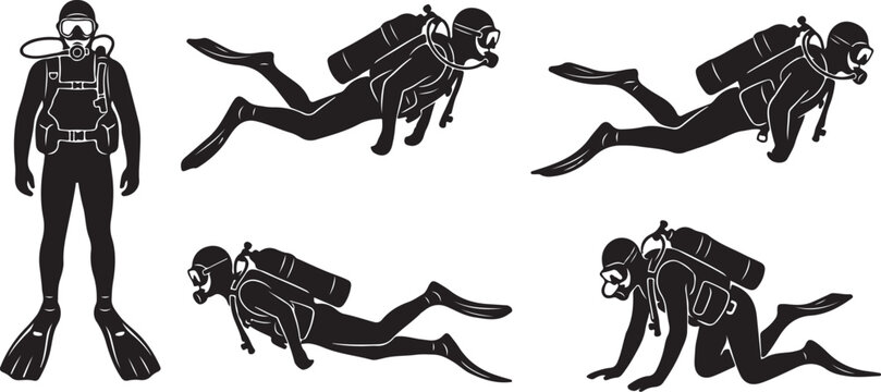 Scuba divers, scuba diving icons, diver silhouettes, black vector graphics