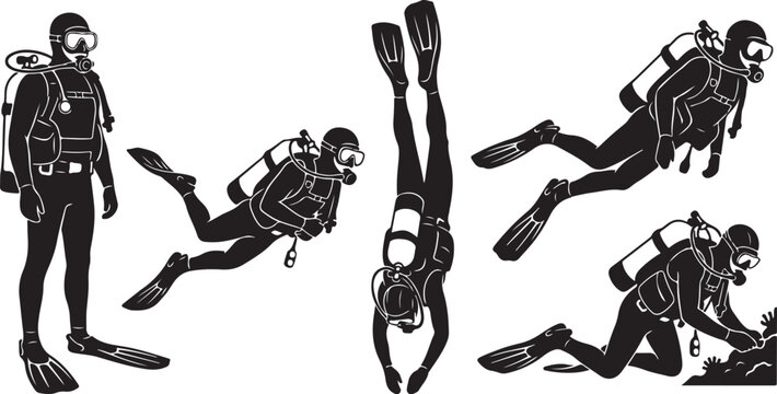 Scuba divers, scuba diving icons, diver silhouettes, black vector illustrations