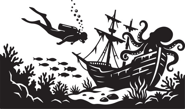 Underwater scene, scuba diver, sunken ship, octopus, sea life, black silhouette, vector illustration