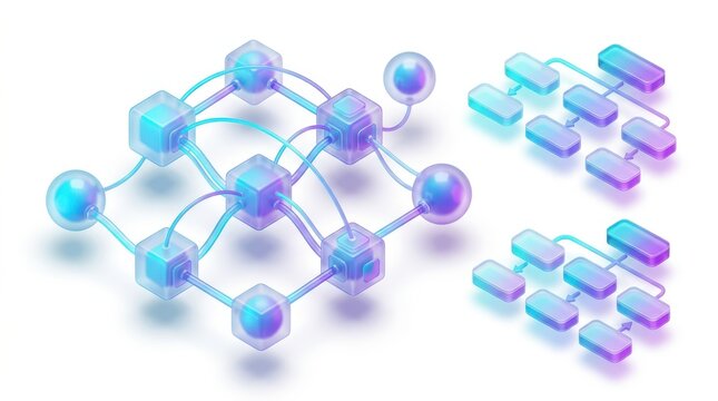 Isometric 3D flowchart diagram with arrows and neural network connections representing big data processing. Tech infographic elements isolated on white background.