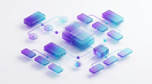 Isometric 3D flowchart diagram with arrows and neural network connections representing big data processing. Tech infographic elements isolated on white background.