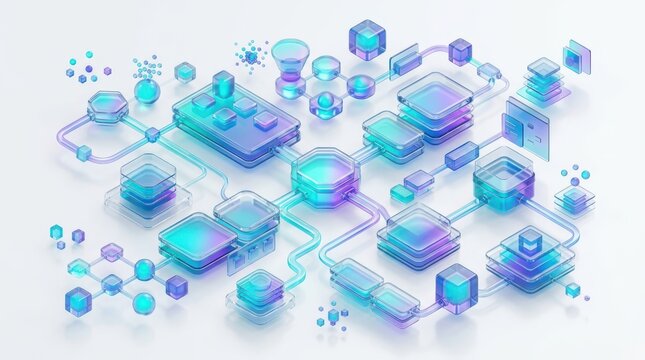 Isometric 3D flowchart diagram with arrows and neural network connections representing big data processing. Tech infographic elements isolated on white background.