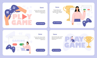 Gaming concept with woman, gamepad controller and trophy cup. Online gaming web banner set with interface, toggle button, joystick and play game screen. Flat vector illustration © Marta Sher