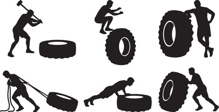 Black silhouette fitness icons, tire workout graphics, exercise illustrations, athletic training vector set