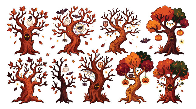 Spooky Halloween trees vector set, haunted autumn forest with ghosts and pumpkins, creepy dead tree branches with owls and bats, 9 holiday icons