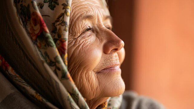Slow pushin tracking closeup of elderly woman smiling and gazing through window in warm indoor setting with patterned head scarf