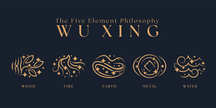 The Five elements philosophy, WU XING - wood fire earth metal and water with gold smooth curve line and star light sign vector design