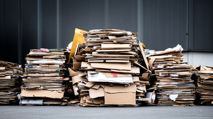 Fototapeta premium A large pile of discarded cardboard boxes stacked together, highlighting waste management and recycling challenges.