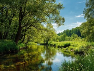 Obraz premium A serene stream reflects the vibrant green forest and clear blue sky on a sunny day.