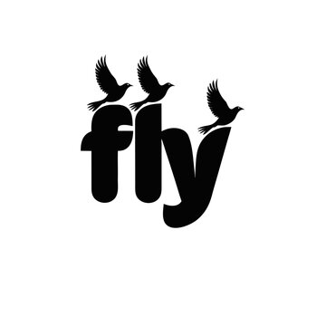 Stylized "fly" wordmark with three bird silhouettes.

