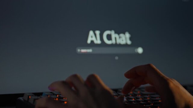 A user initiates a conversation with an AI model by typing on the keyboard, leveraging machine learning technology for human-machine interaction through a sophisticated interface