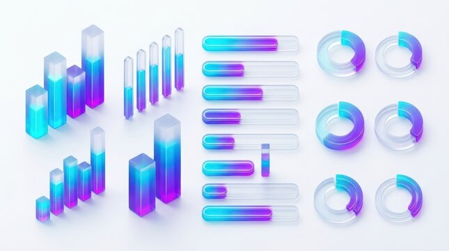 Set of 3D glass financial infographic elements including progress bars, donut charts, and column graphs. Violet and cyan gradient UI dashboard elements on white background.