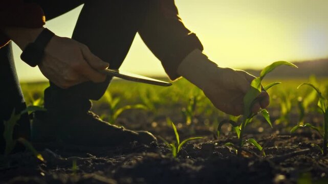A farmer meticulously inspects young corn sprouts in a lush field while logging data into an electronic tablet, exemplifying modern agriculture's technological advancements