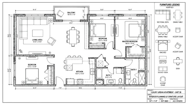 Architectural floor plan of a luxury urban apartment unit 3b with furniture layout