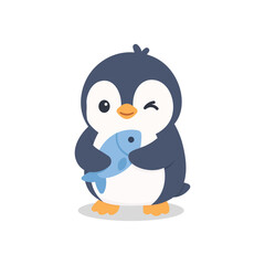 Obraz premium Cute Winking Penguin Holding Fish Flat Design Illustration
