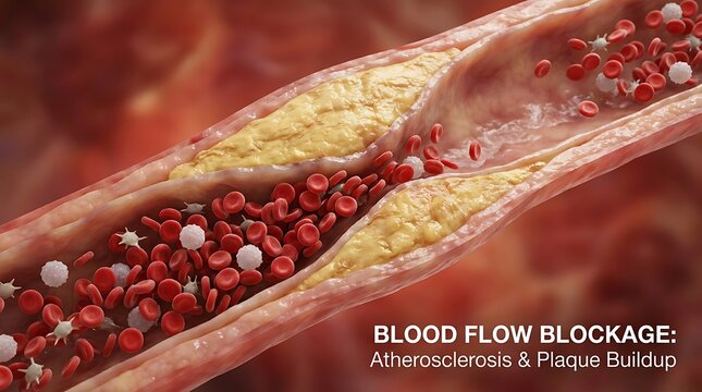 Close-up microscopic view of a blood vessel showing red blood cells and plaque buildup causing atherosclerosis and constricted blood flow.
