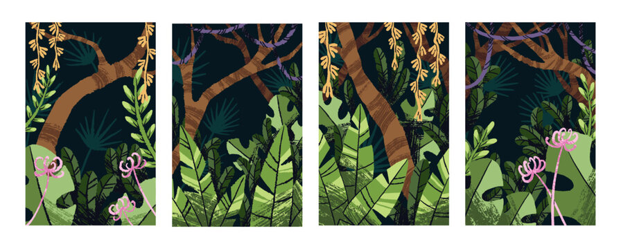 Set of posters with nature of African jungle. Tropical forest with exotic plants. Landscapes of Amazon rainforest with palm trees, green leaves and lianas. Flat hand drawn vector illustrations