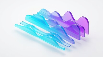 Fototapeta premium Abstract 3D area charts with wavy fluid shapes made of purple and cyan translucent glass. Modern conceptual corporate data visualization isolated on white background.