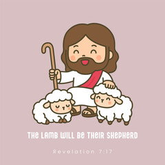 Kawaii Jesus with shepherd staff and two lambs with Bible verse The Lamb Will Be Their Shepherd © lukpedclub