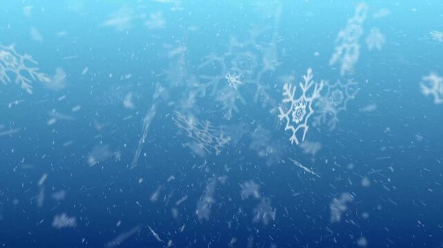 Cinematic Heavy Winter Snowfall and Flying Snowflakes Abstract Motion Blur Overlay on Blue Sky Background