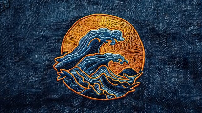 Embroidered wave patch on denim fabric showing intricate stitch detail in close up.