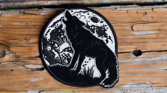 Black and white embroidered patch depicting a howling wolf under starry night sky.