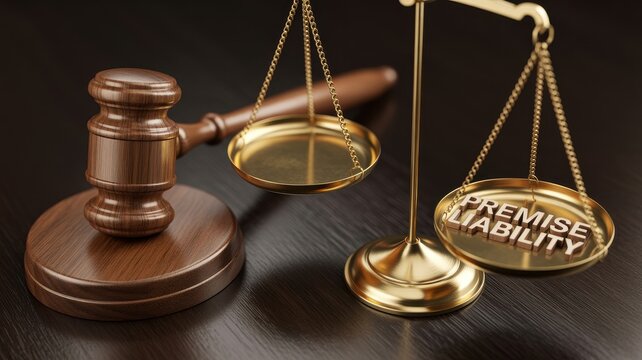 Wooden judge gavel and gold scale of justice featuring premise liability text