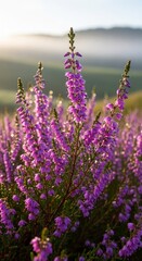 Obraz premium Vibrant purple heather blossoms in a serene landscape at dawn.