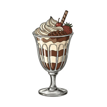 Cream dessert cup isolated sketch illustration with whipped topping clear glass sweet parfait treat for cafe menu bakery poster recipe card celebration food branding social media design