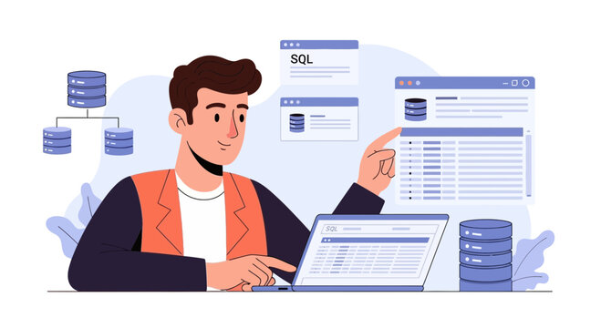 Database developer coding SQL and managing data on laptop