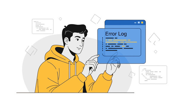 Developer analyzes error logs on futuristic interface, coding concept