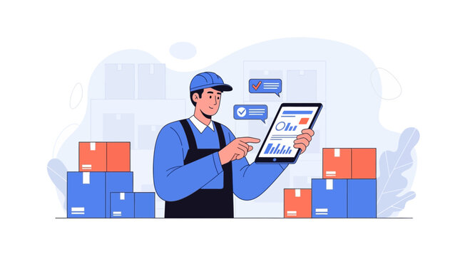 Delivery worker checking tablet with package icons and charts in warehouse
