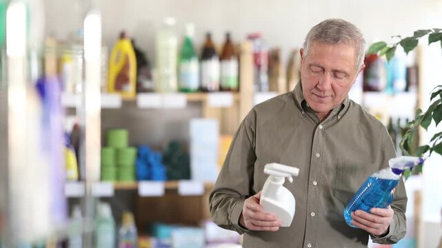 Senior man buyer select and studies label, read composition of kitchen cleaner spray. Client examine product, make purchase decision and discusses advantages and properties of product